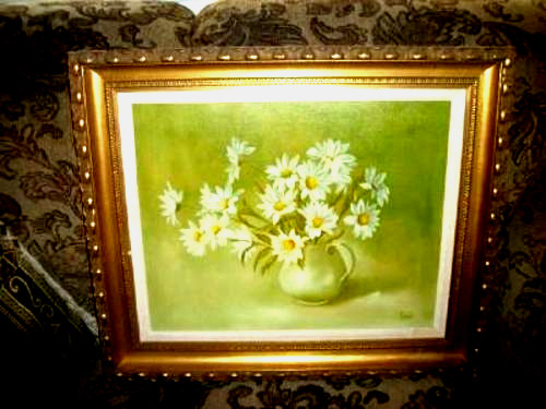 1960s OIL PAINTING DAISIES FLORAL GREEN HOLLYWOOD REGENCY GILT WOOD FRAME MCM
