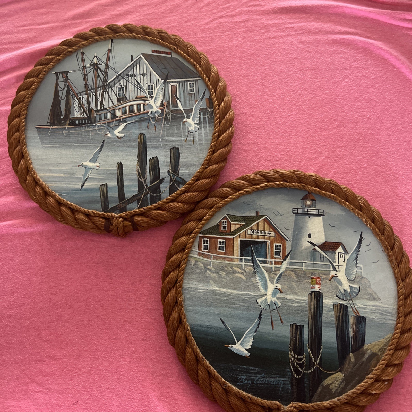 Ben Cannon Nautical Oil Painting Sailboat Seagulls Round Rope Frame 13.5”Signed