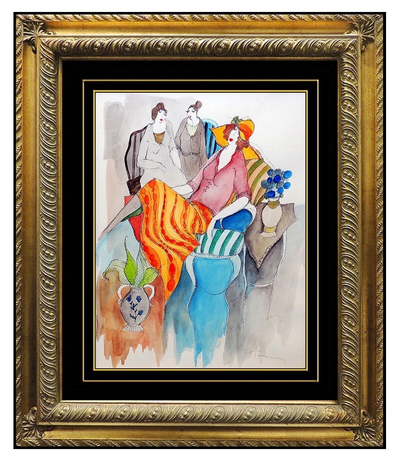 Itzchak TARKAY Original Watercolor PAINTING Signed Ladies Cafe Framed Art oil