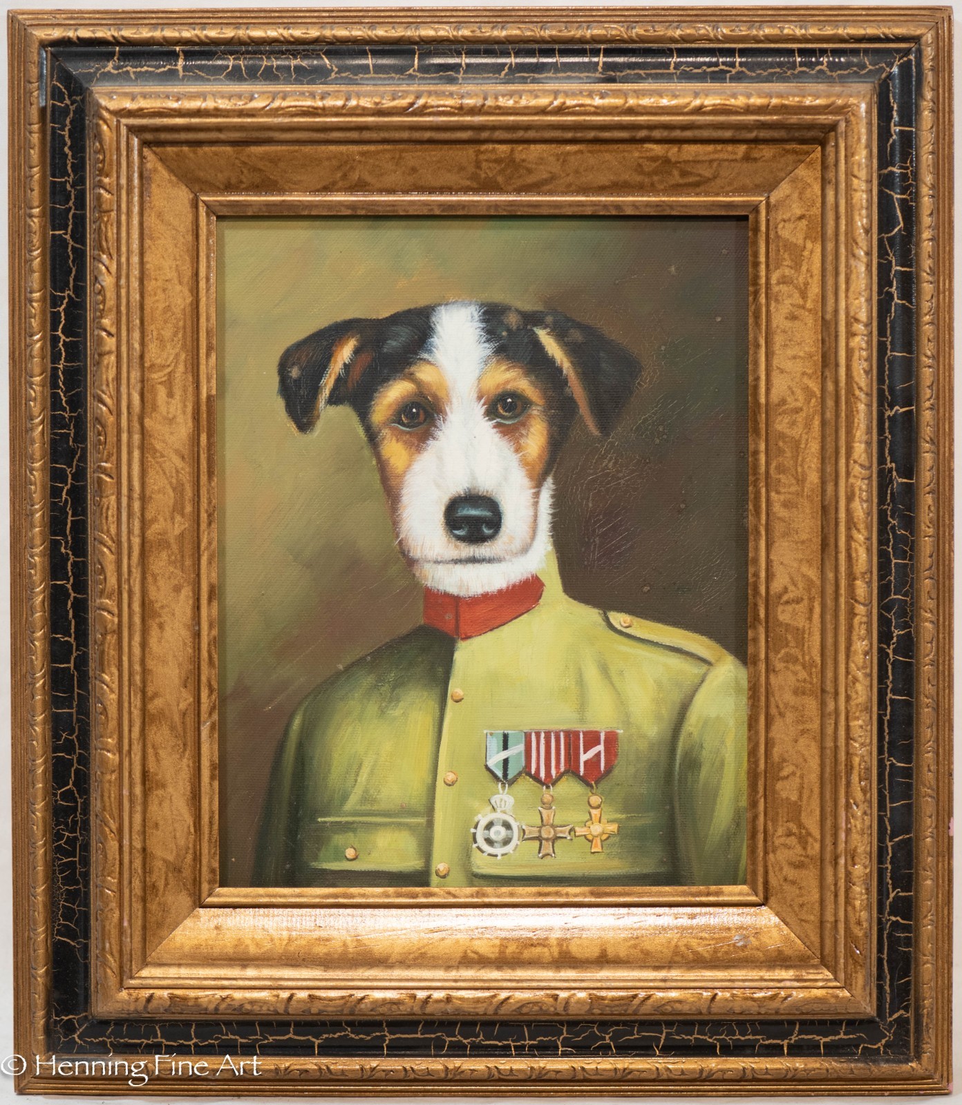 Vintage Dog Portrait Oil Painting Jack Russell Terrier in Military Uniform 15×13