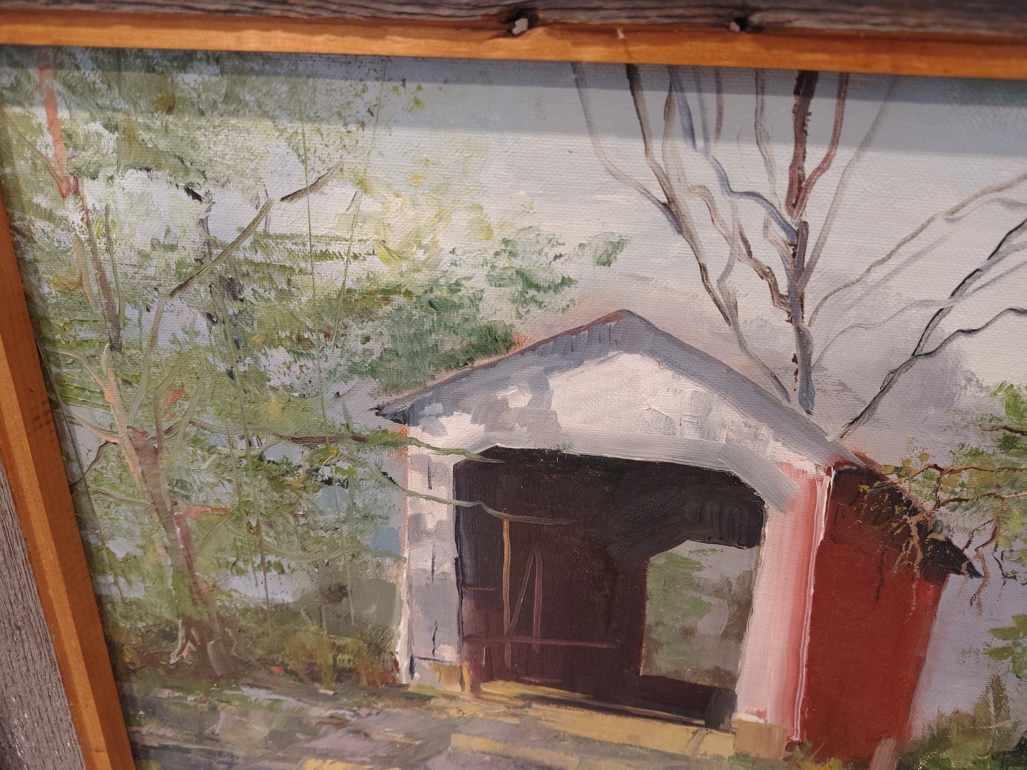 Vintage Original Signed McClure Covered Bridge Oil Painting on Canvas