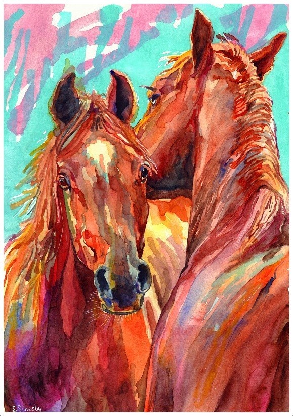 Tales Of Freedom – Original Handmade Watercolor Painting, Wild Orange Horses