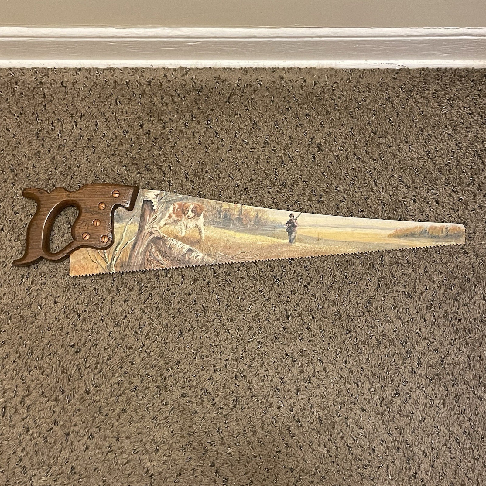 Vintage 1986 Hand Painted Saw Bird Hunting Dog Hunter Scene Signed Schultz