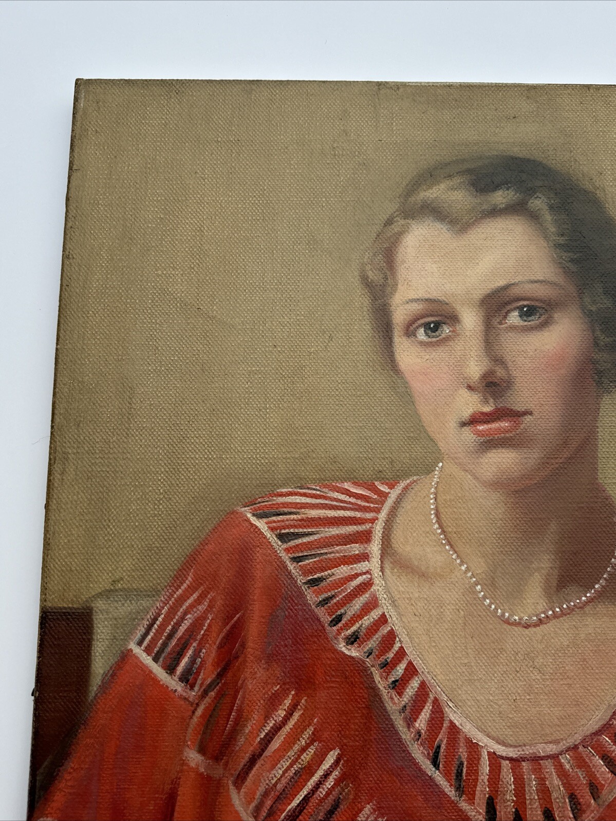 ANTIQUE PORTRAIT PAINTING PRETTY WOMAN FEMALE MODEL OIL ART DECO SIGNED LEWIS