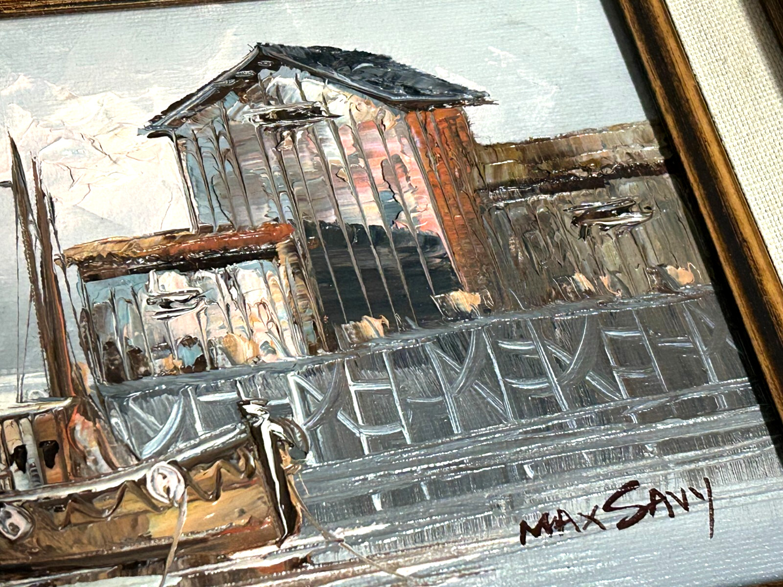 Max Savy Rare Small 5 x 7 Original Oil Painting Harbor Scene (12 x 10 framed)