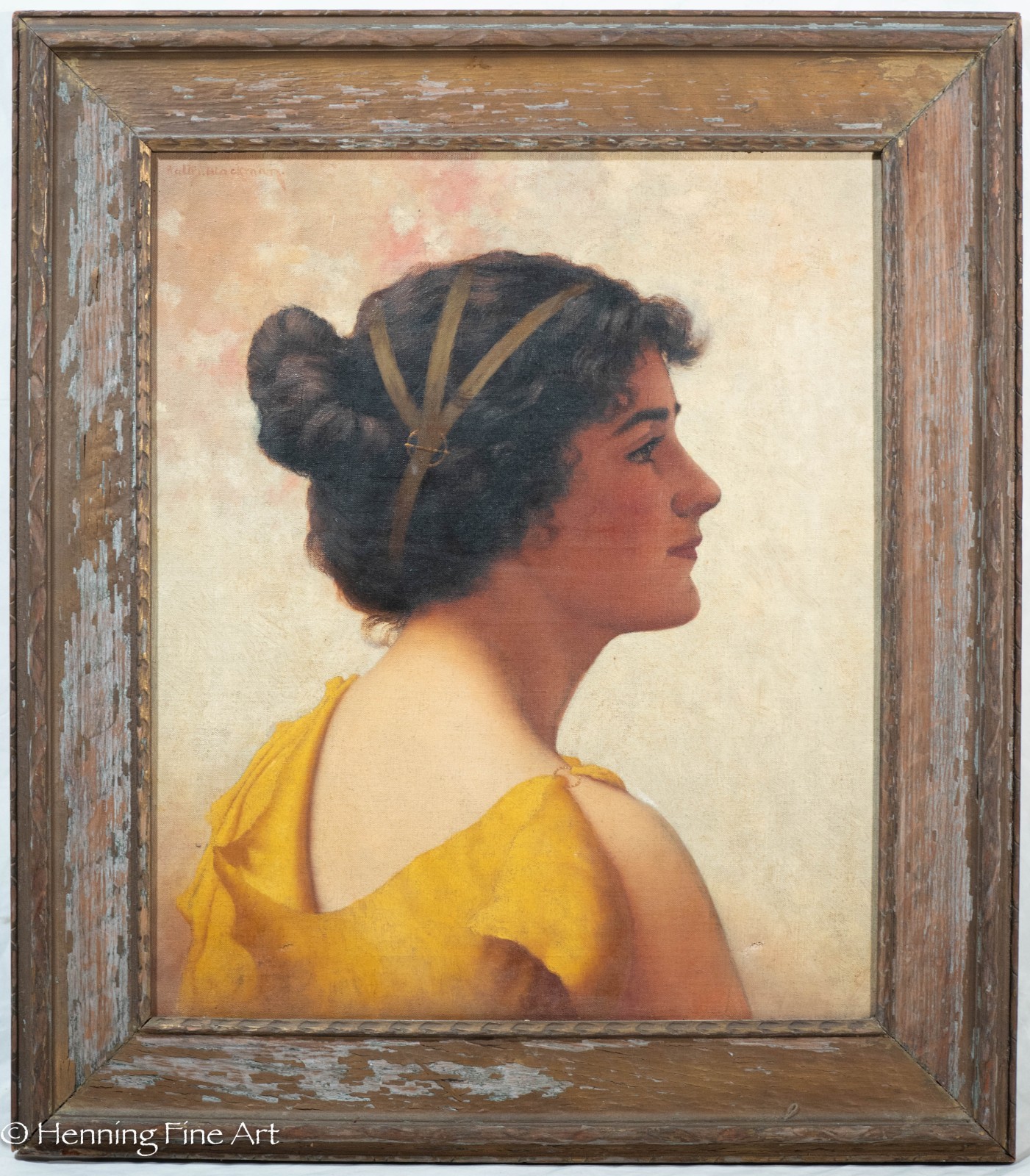 Antique Walter Blackman Oil Painting Female Portrait in Yellow, Signed 25×22″