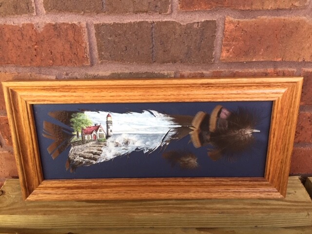Lighthouse cottage ocean painted on turkey feather glass framed signed
