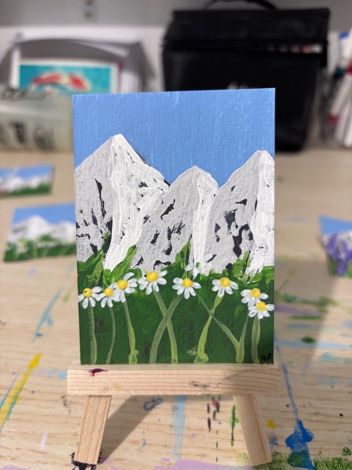 ACEO Original Painting, Snowy Mountain Landscape, Acrylic Painting, 2.5 x 3.5 in