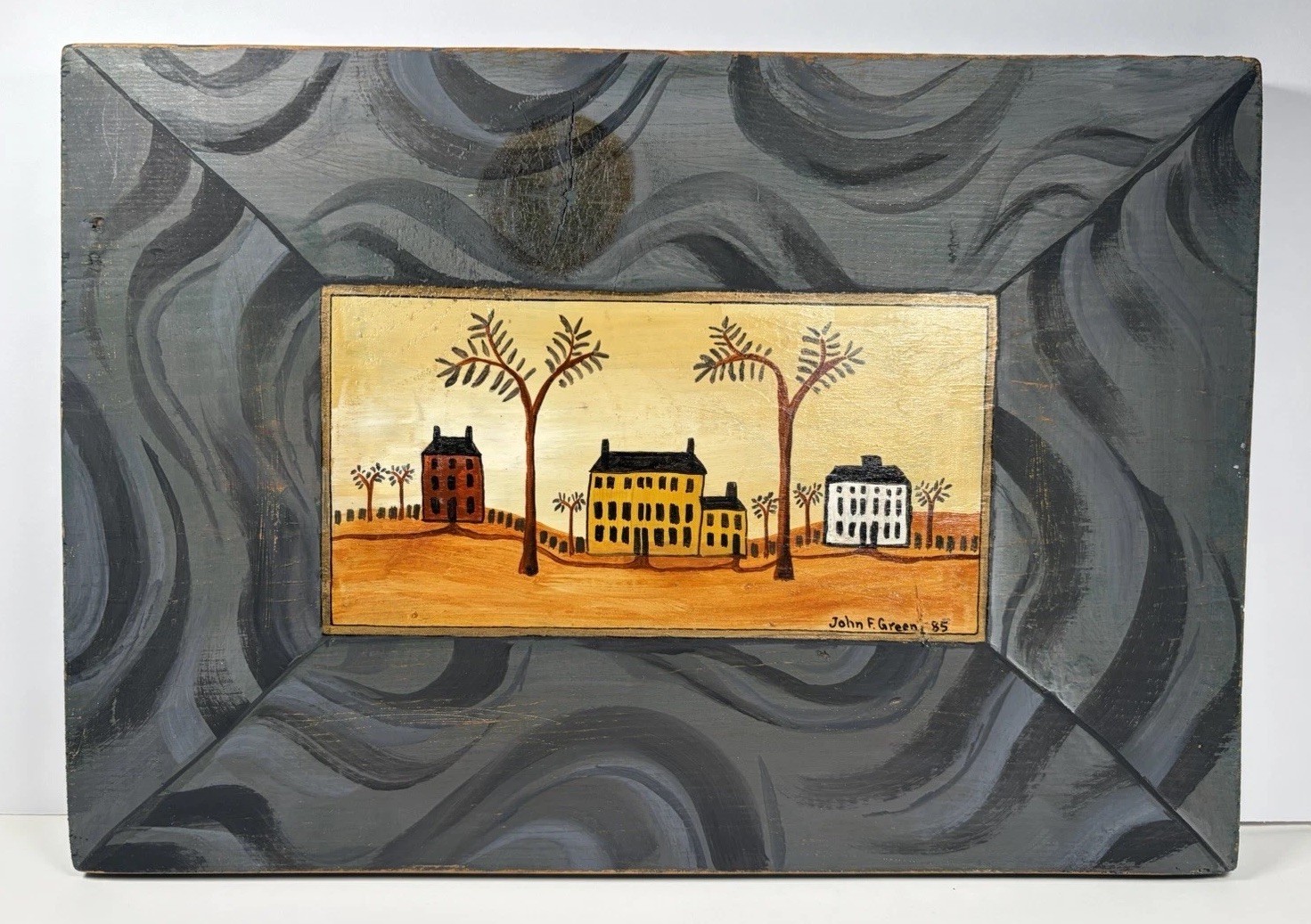 OOAK Folk Art Painting Reclaimed Wood Saltbox Houses New England 13×9” Signed