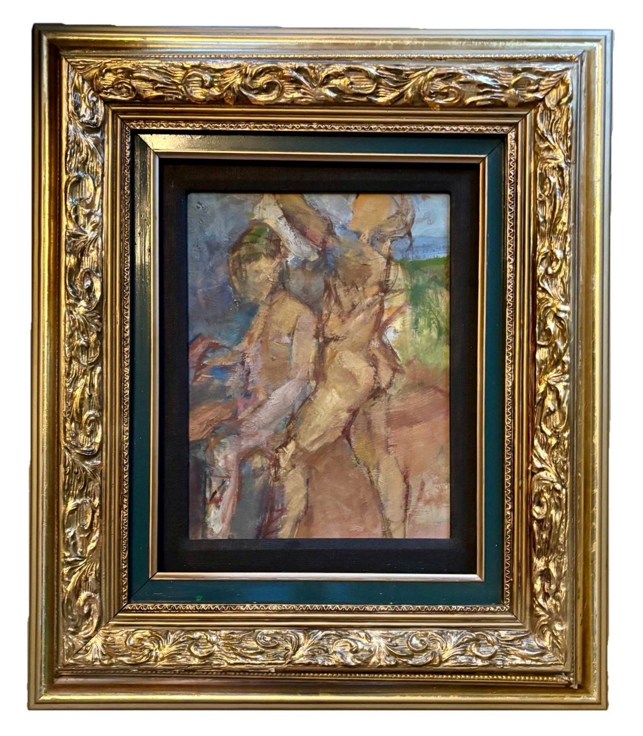 Original Moderist Impressionism Double Framed Oil on Board Figural Painting