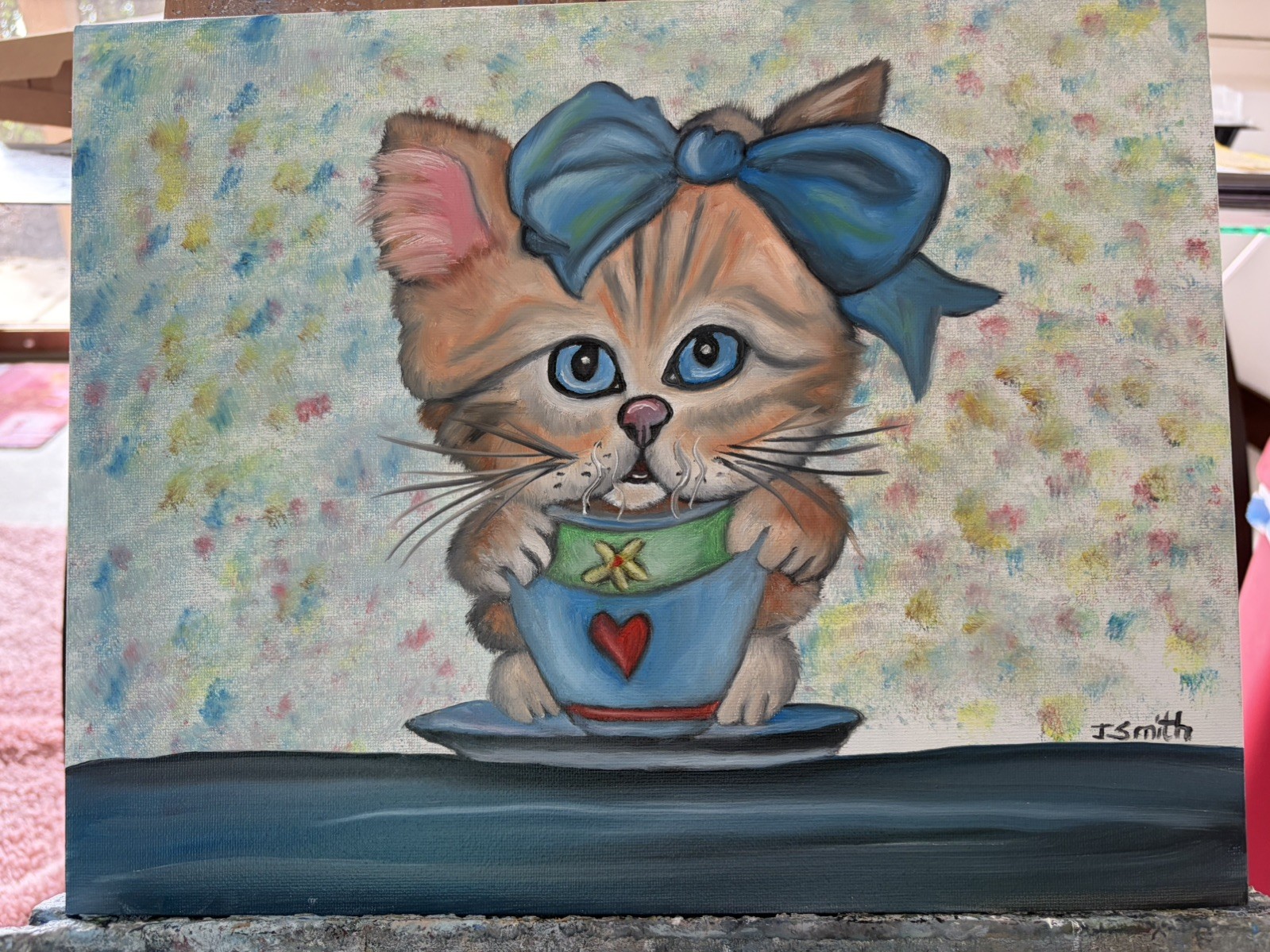 Original oil painting 11 x 14 inches cute and sweet cat kitten with coffee cup