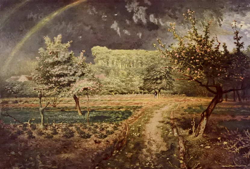 Oil painting Jean-Francois Millet – Spring landscape with rainbow hand painted