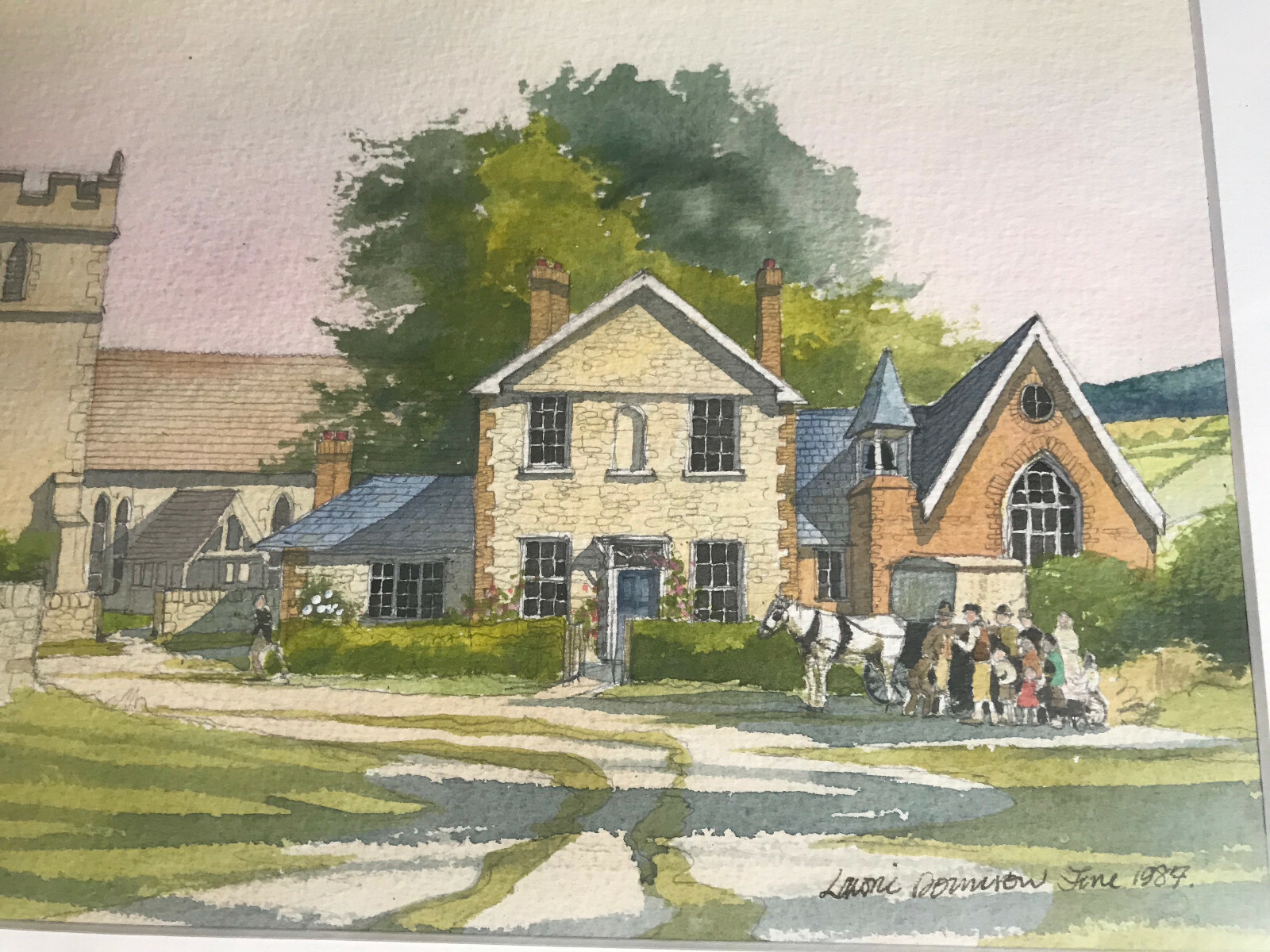 Lawrence E Donnison (b1938) «Village Landscape» Watercolor Painting – Framed