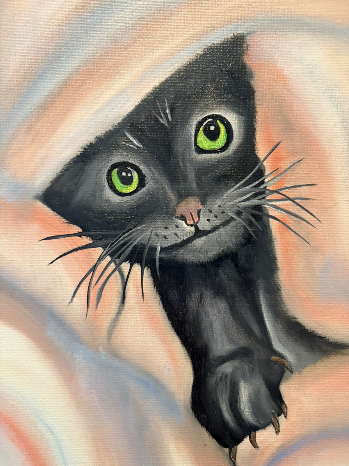 Original oil painting 11 x 14 inch black cat in blanket signed canvas- free ship