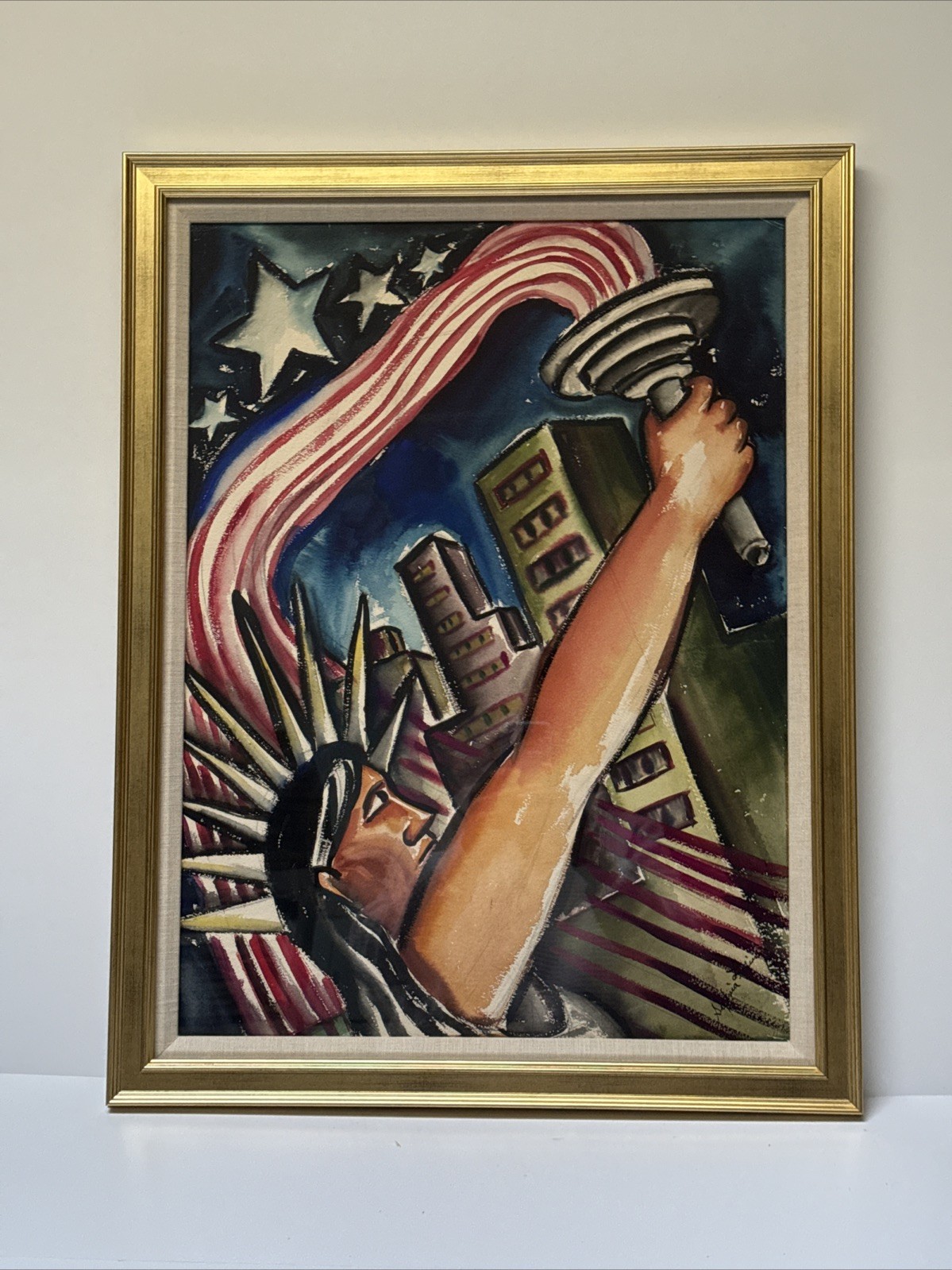 Antique Painting WPA WW2 NYC CITYSCAPE LIBERTY Modernist Sylvia Ludins 1940’S
