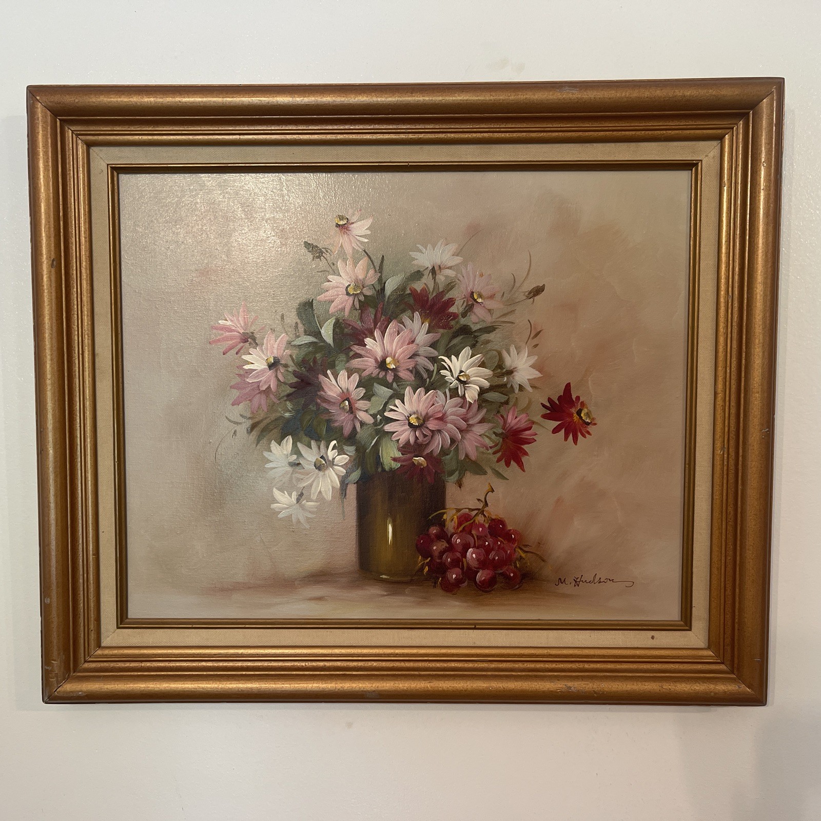 Vtg Floral Oil Painting Signed M Hudson Pink Daisies Still Life Framed 24.5”x20”