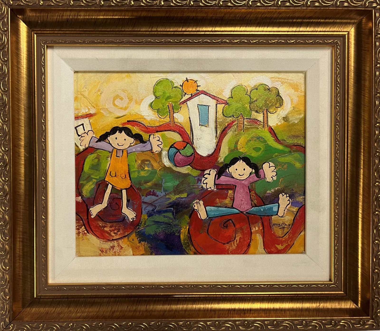 Jose Huallpa «Jugando a Fuera» (Playing Outside) Signed Original Oil Peru Art