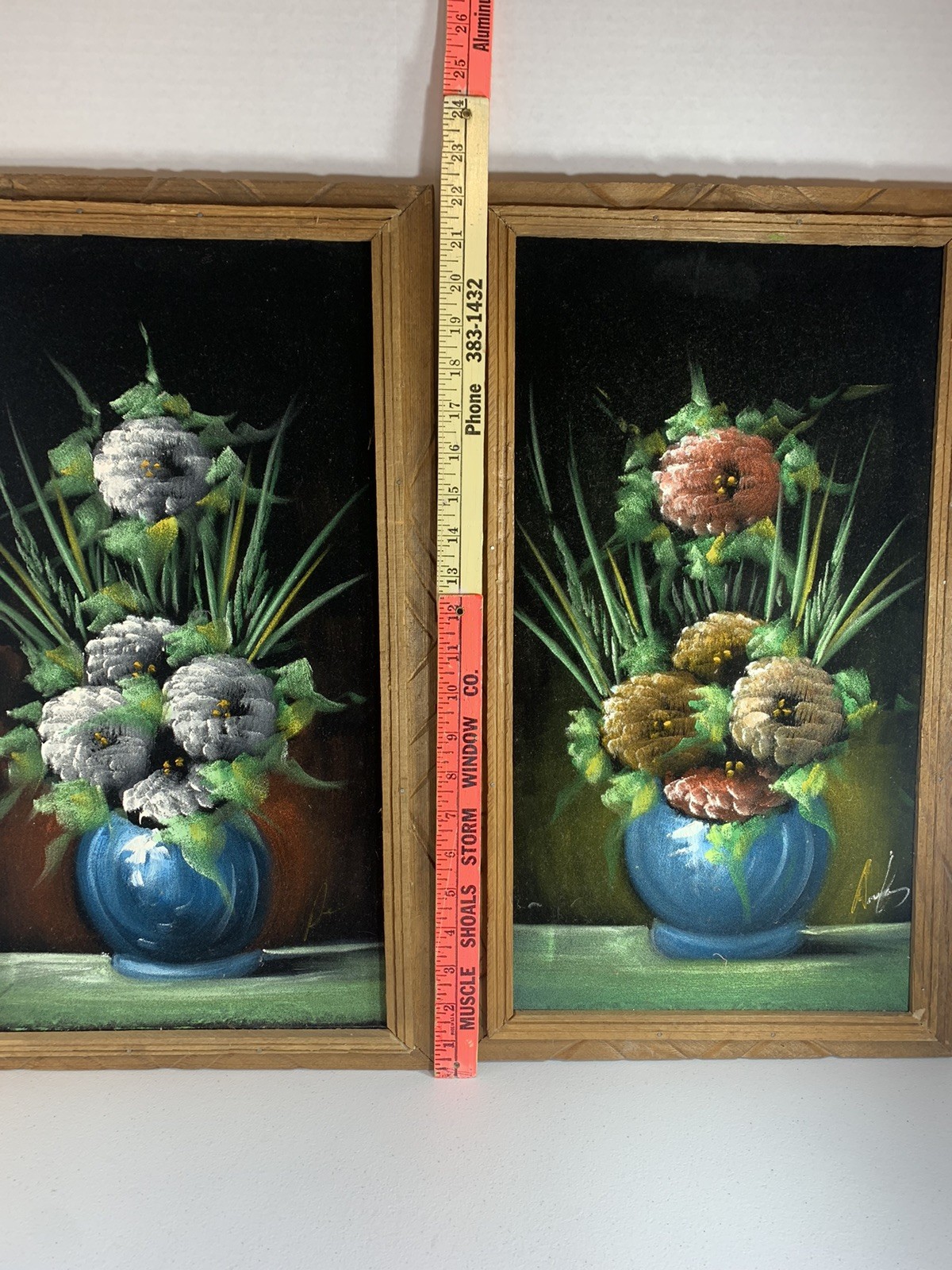 VTG PAINTINGS STILL LIFE FLOWERS IN VASE VELVET WOOD FRAME MCM DECOR SIGNED