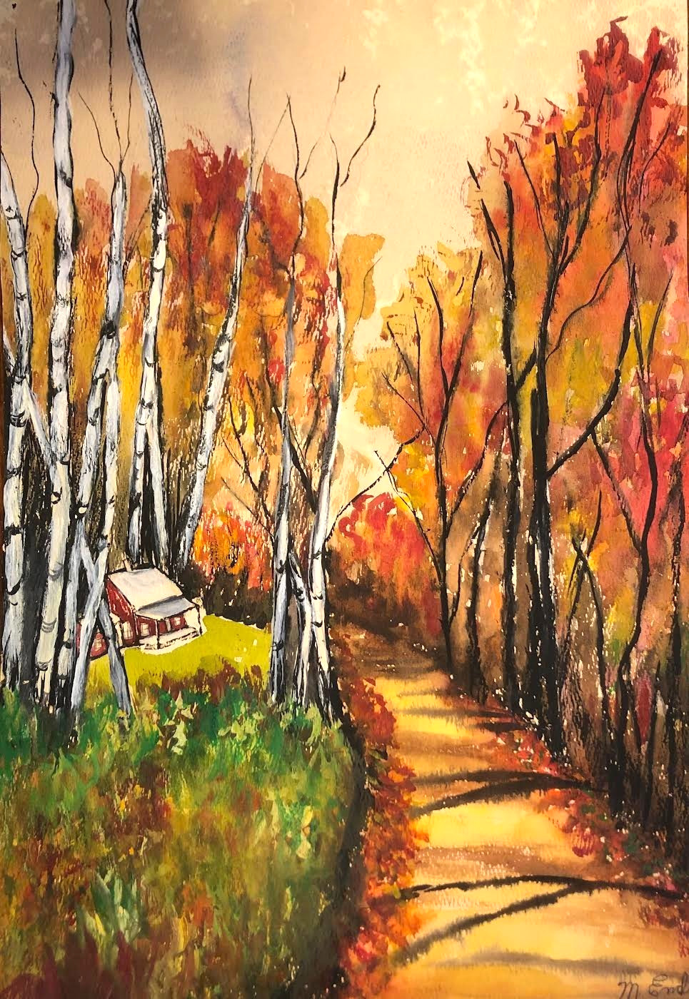 Cabin in the Woods by M Endre Watercolor 16.5″ by 11.5″ Vintage