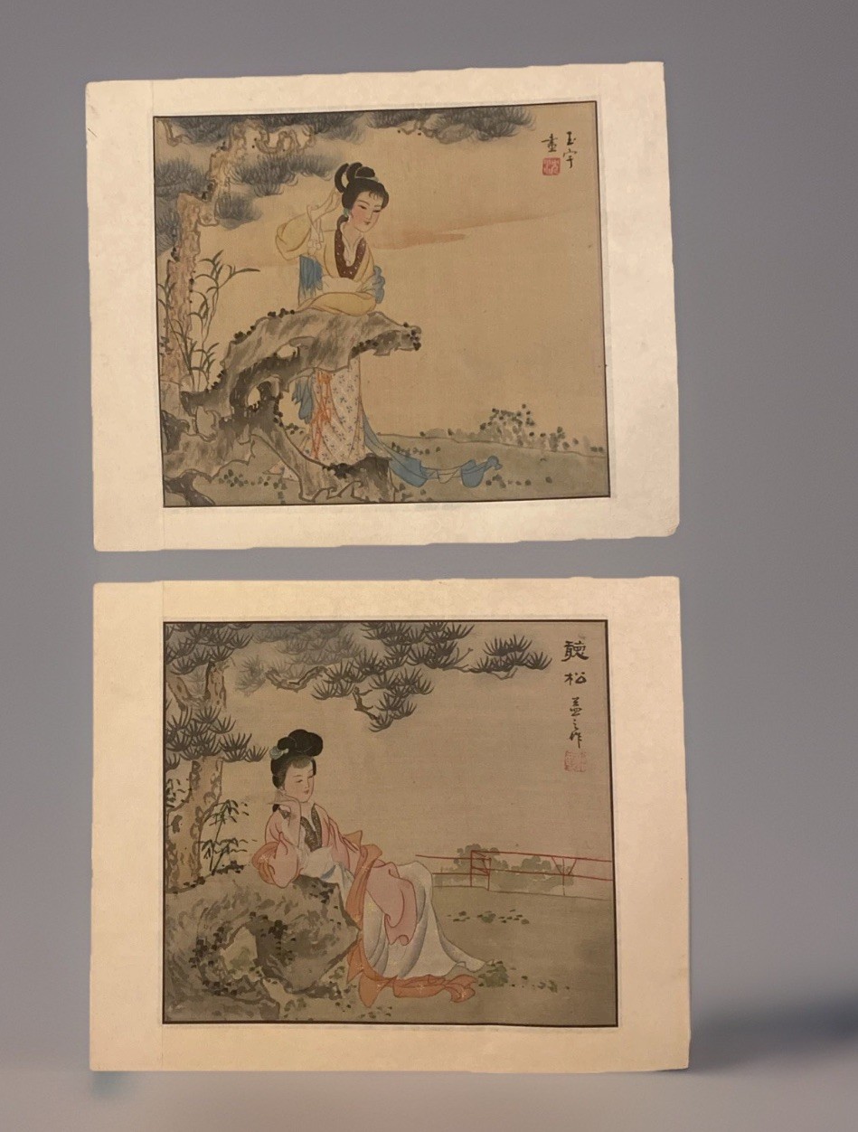 Chinese Hand Painting on Silk Set Of 2 Woman sitting Under Tree Signed Rare!