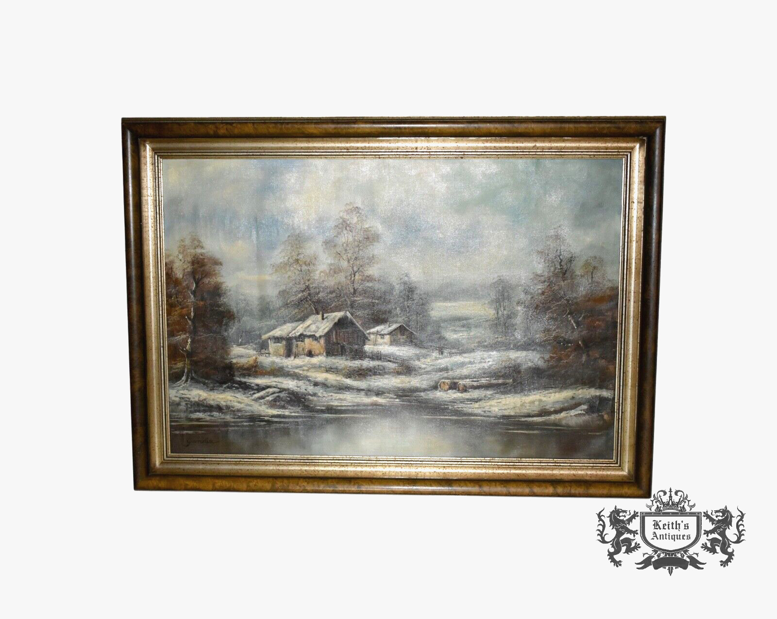 Vintage Winter Scene Landscape Painting w/Wood Frame