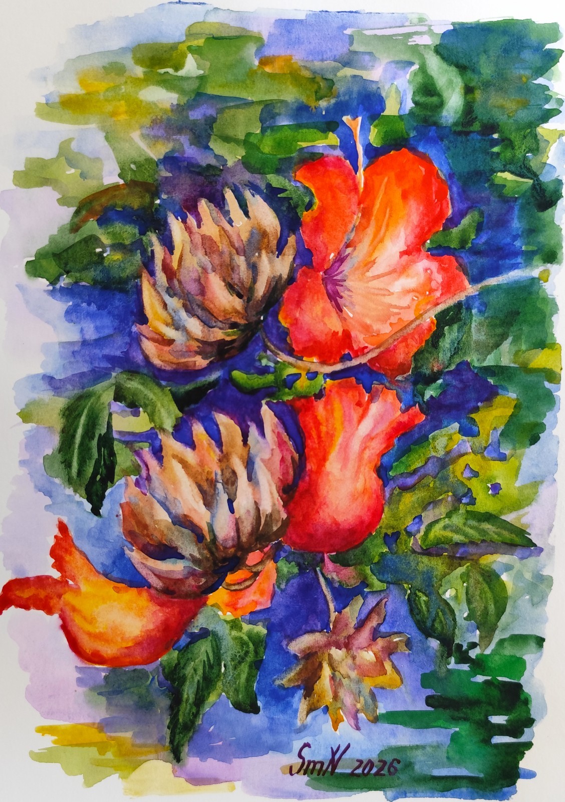 Original Watercolor Red Flowers A4 Tropical Floral Painting Bright Wall Art OOAK