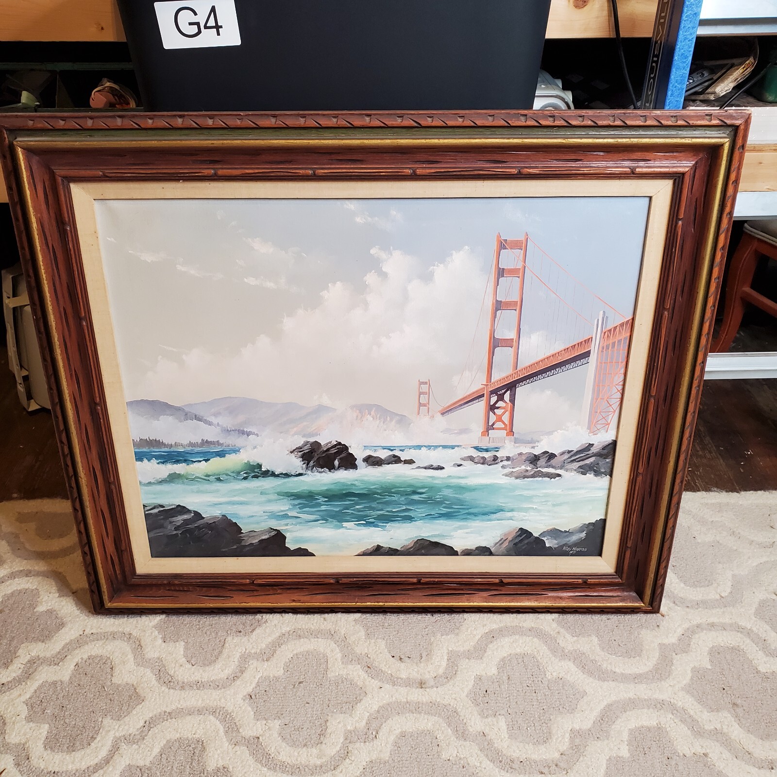 32″ X 38″ Wooden Frame Canvas Painting Of San Francisco’ Golden Gate Bridge 1970