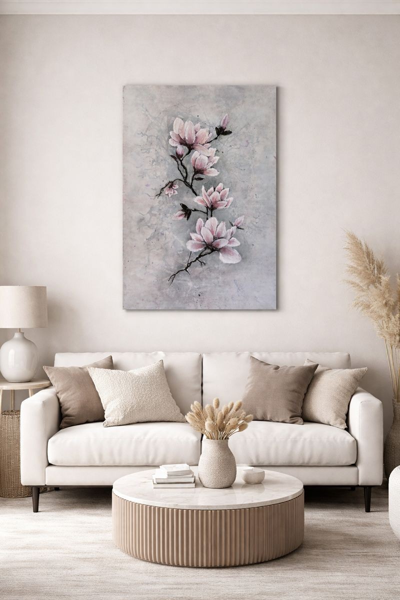 Handmade Magnolia Painting – Textured Floral Art, 50×70 cm Modeling Paste + Acr