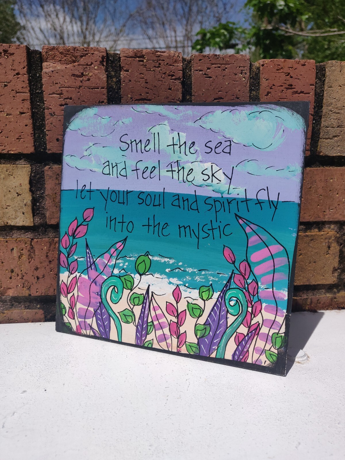 Van Morrison Into The Mystic Song Lyric Painting on 8 x 8″ wood panel, beach