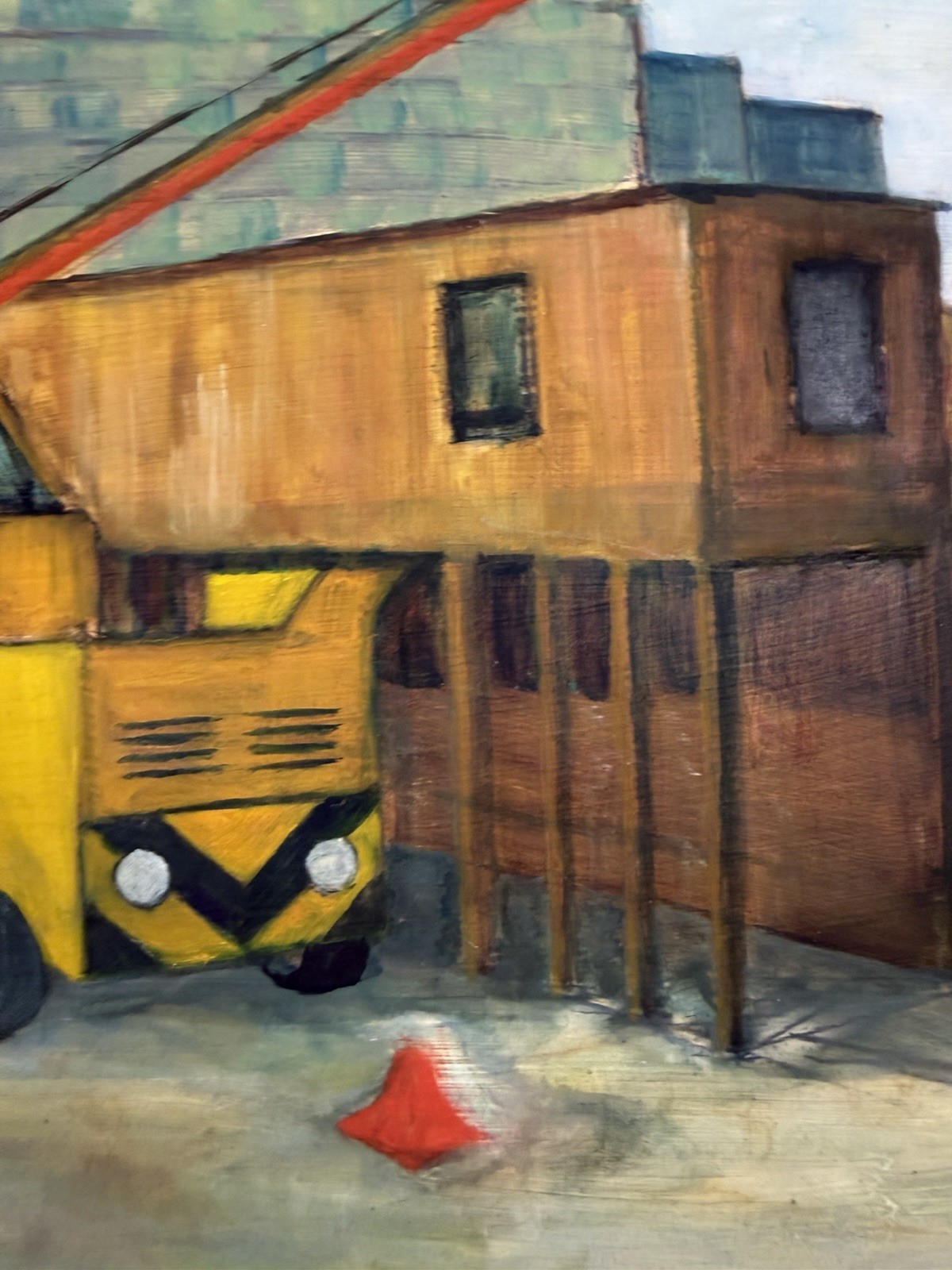 Vintage Industrial Oil Painting Crane Truck Construction Worker Scene