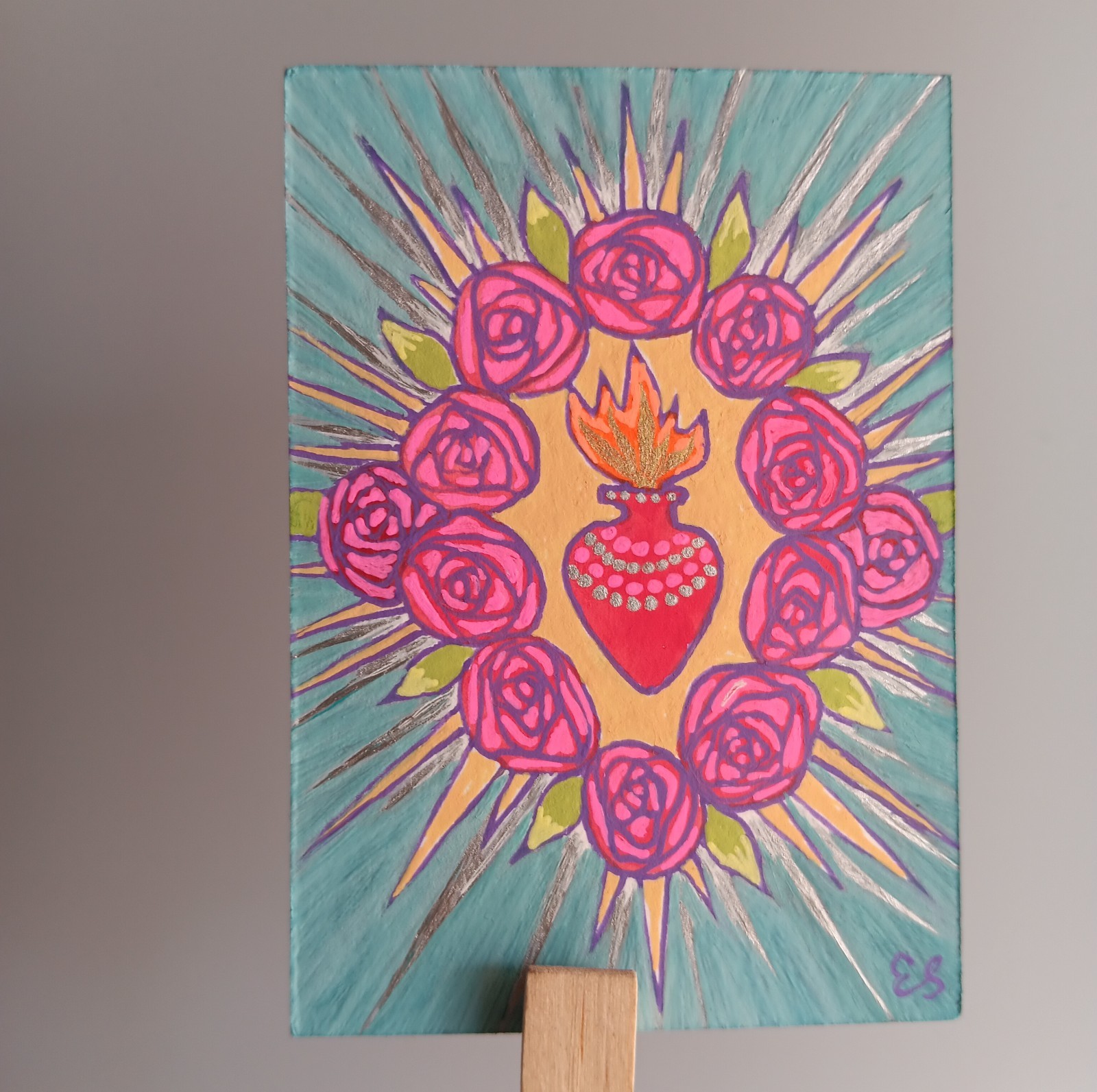 ❤️ACEO Original Painting Signed by Outsider Artist ES 2.5×3.5″ You are loved.