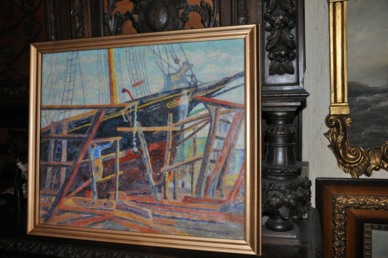 Antique ‘Shipyard’ Painting Listed Massachusetts Anna E. Allen (1881 – 1959