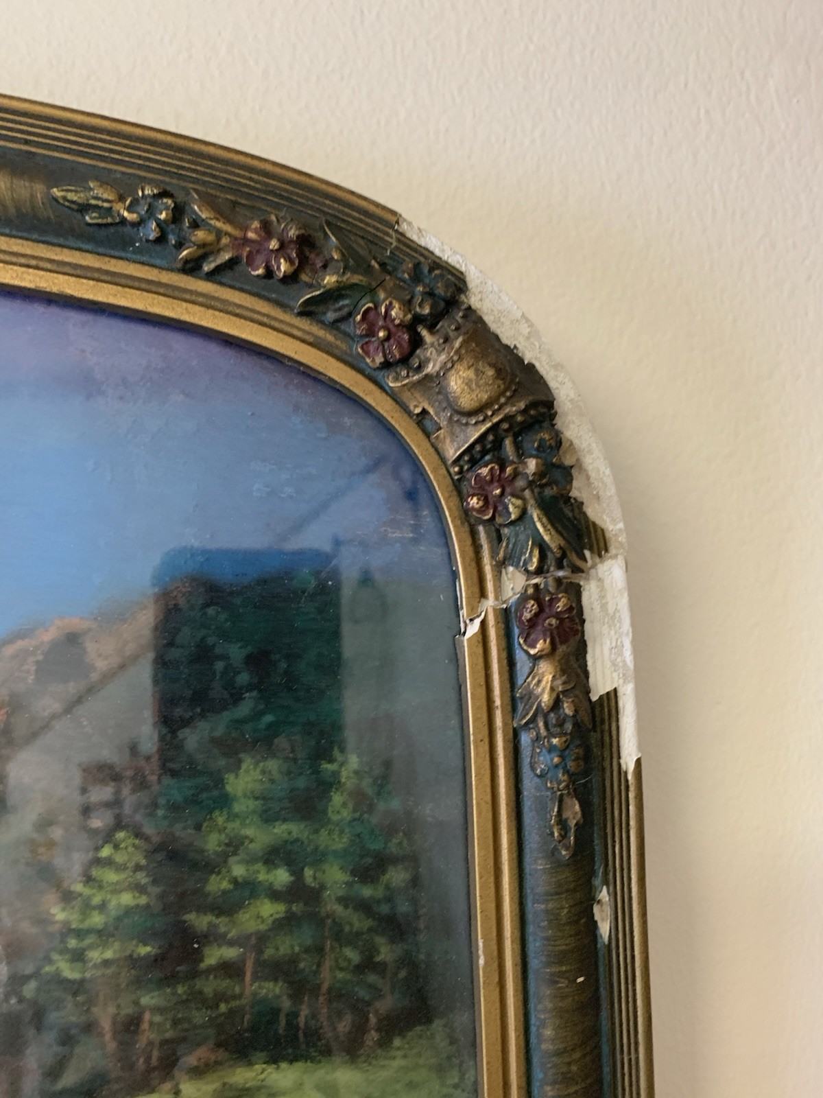 Antique Original Pastel Painting On Cardboard Landscape Mountain Lake Signed
