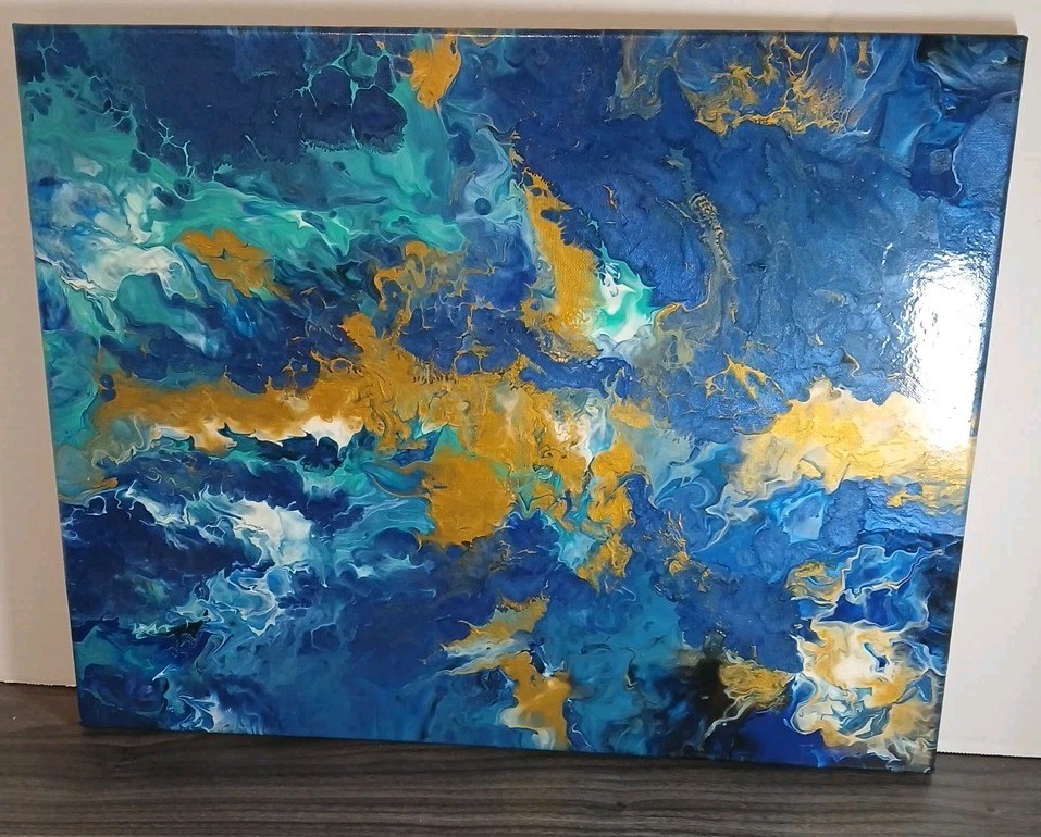 Acrylic Pour Painting Abstract Blues Black Gold White 14×20 Unframed OOAK
