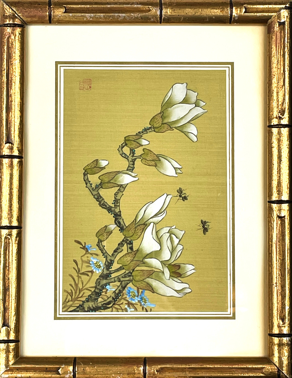 Vtg Chinese Painting on Silk Fabric Magnolia Flowers Insects Faux Bamboo Frame