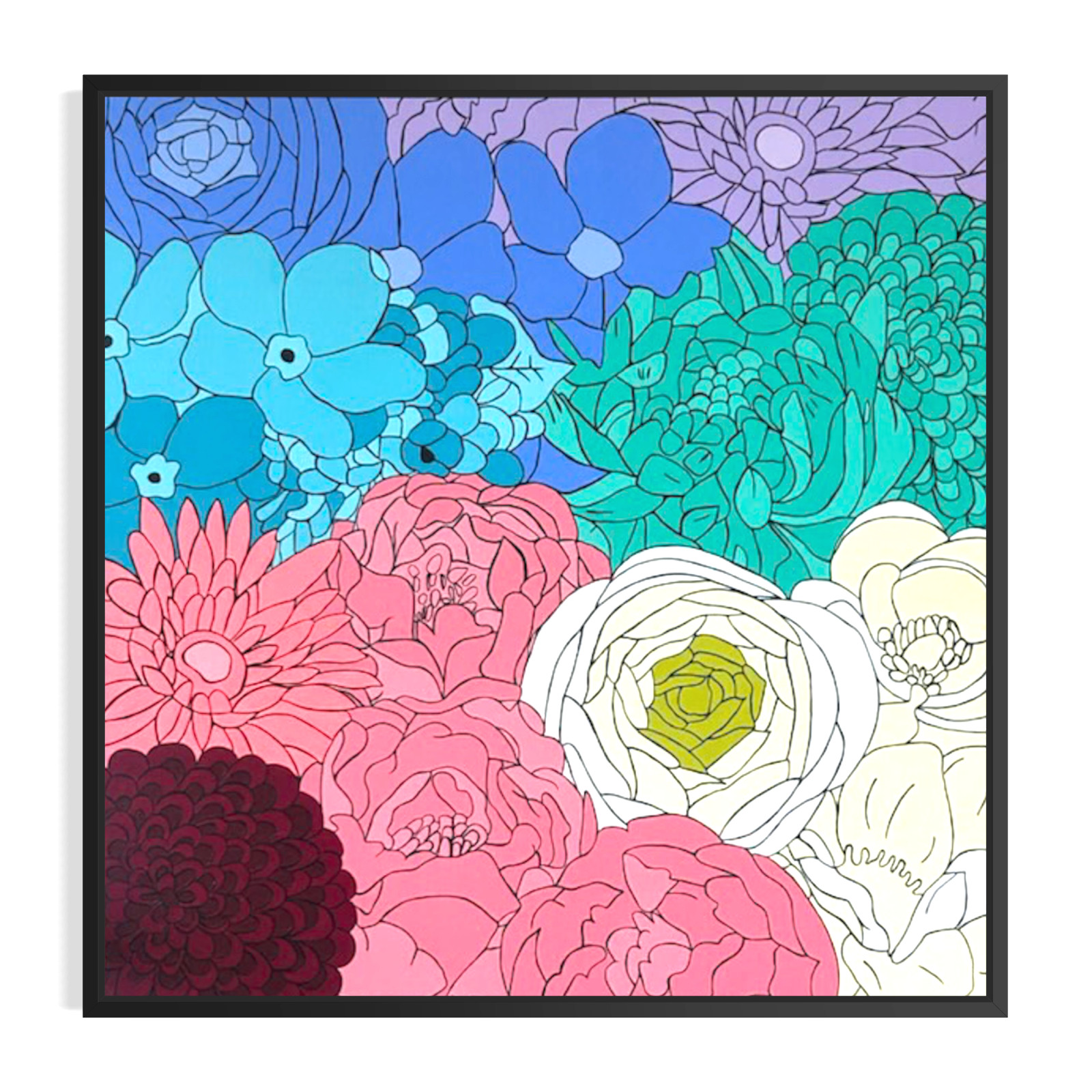Original Abstract Botanical 48×48 Floral Painting Acrylic Canvas Large Wall Art