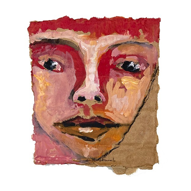 Original Outsider Art Primitive Red Hair Portrait Painting Torn Cardboard Art
