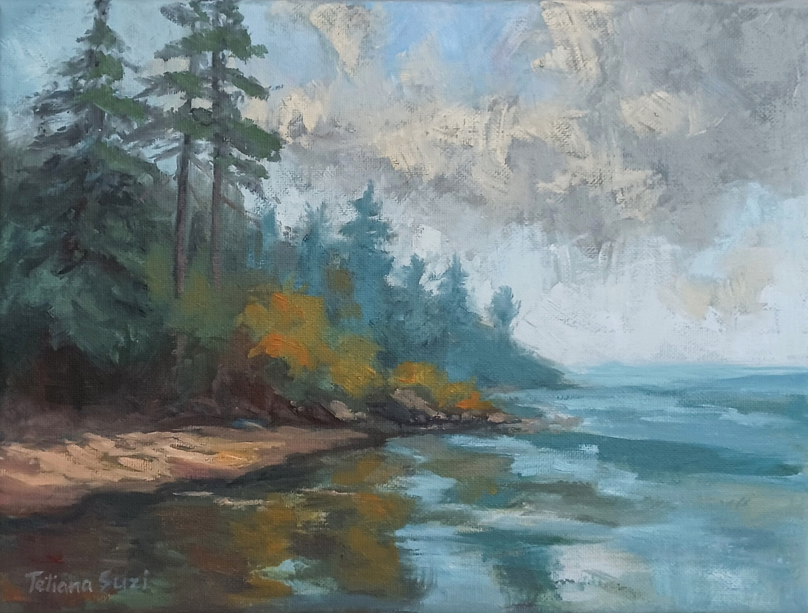 Forest by the Ocean ORIGINAL Oil Painting Impressionism Beach Moody Art 9″x12″