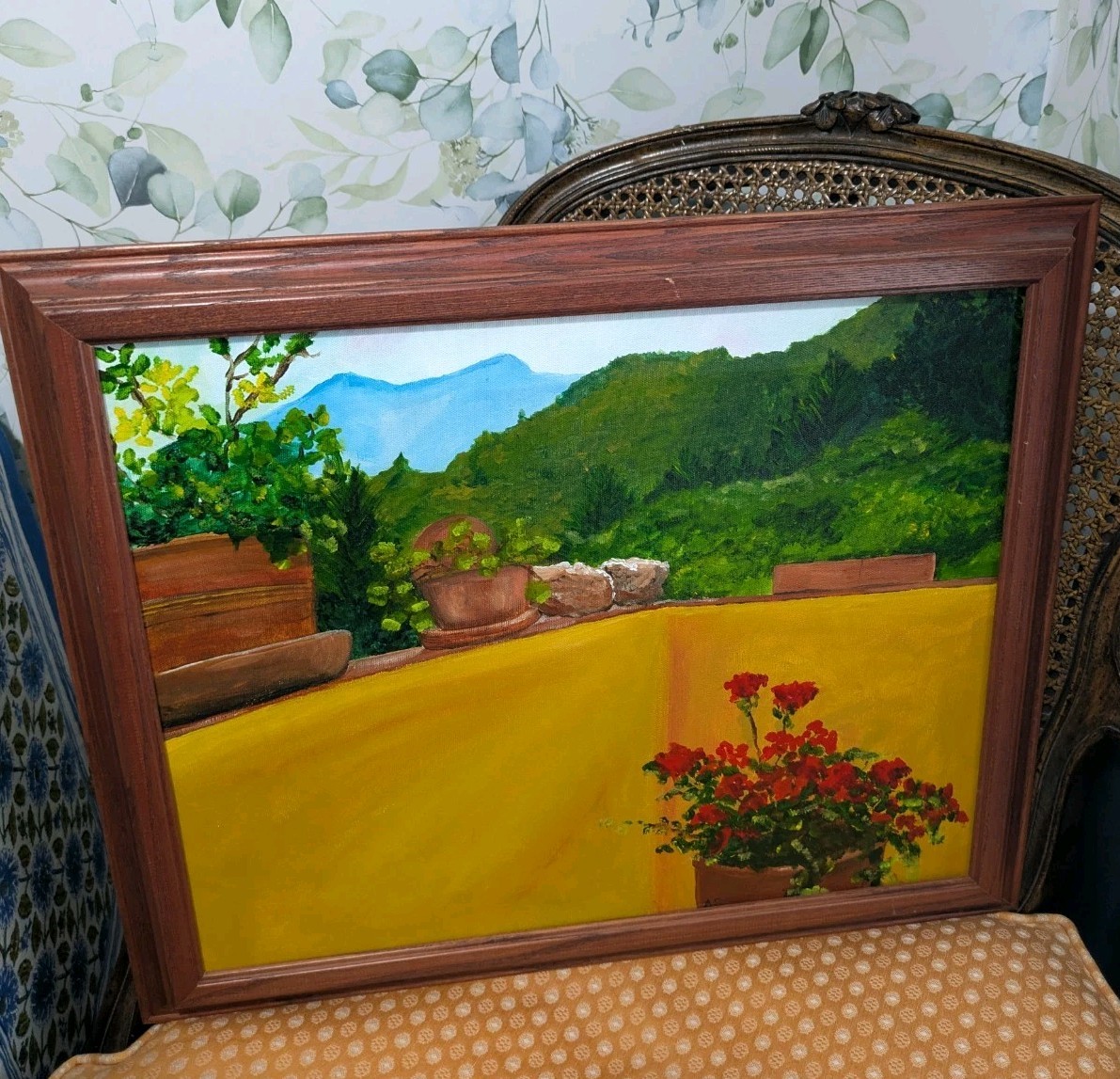 Vintage 19 X 23 sunlit Italian balcony Landscape Oil Painting On Canvas