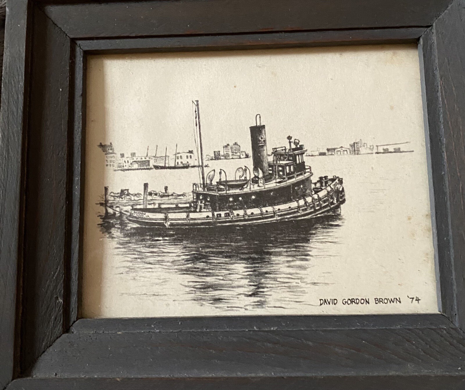 Vtge Original Framed Drawing David Gordon Brown ‘74.SteamTug R.J.BowmanBostonHar