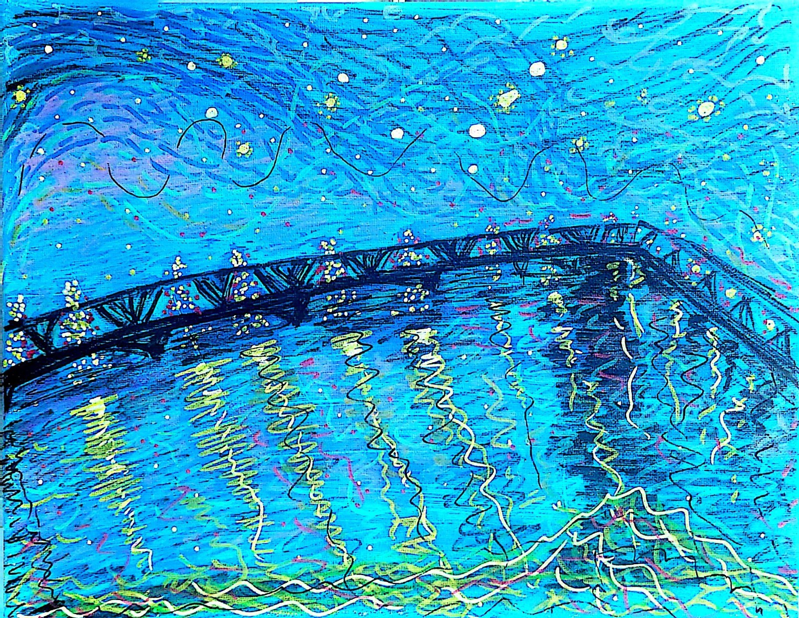 Blue Night Bridge Cityscape Painting Original 11×14 Acrylic Canvas