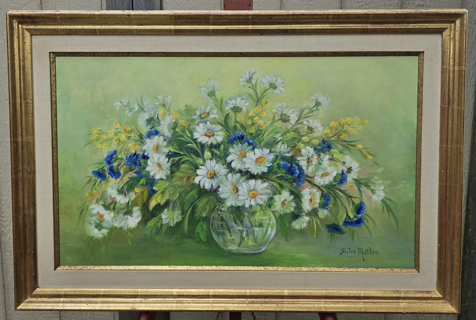 Original Oil Painting Canvas Sister Matilda Caroline Bechter Bouquet Daisies Nun