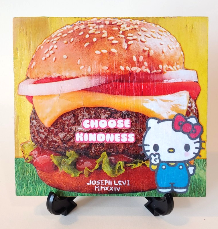 Colorful Modern Art Sanrio Hamburger Original Mixed Media Collage on Wood Panel