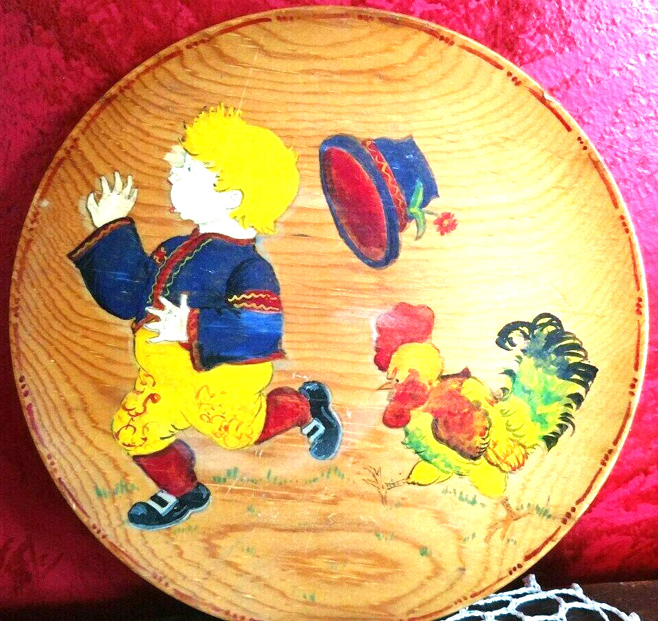 VTG Folk Art 1920-30 Wood Plate Wall Plaque Hand Painted Rooster Child Chicken