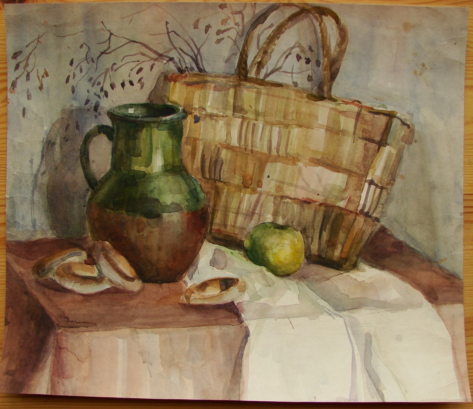 Ukrainian Soviet USSR watercolor painting realism basket bag