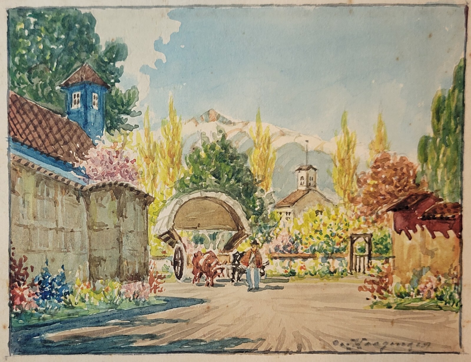 1937 Swiss Watercolor Signed Alps Village Man w/ Covered Cart Oxen Flowers