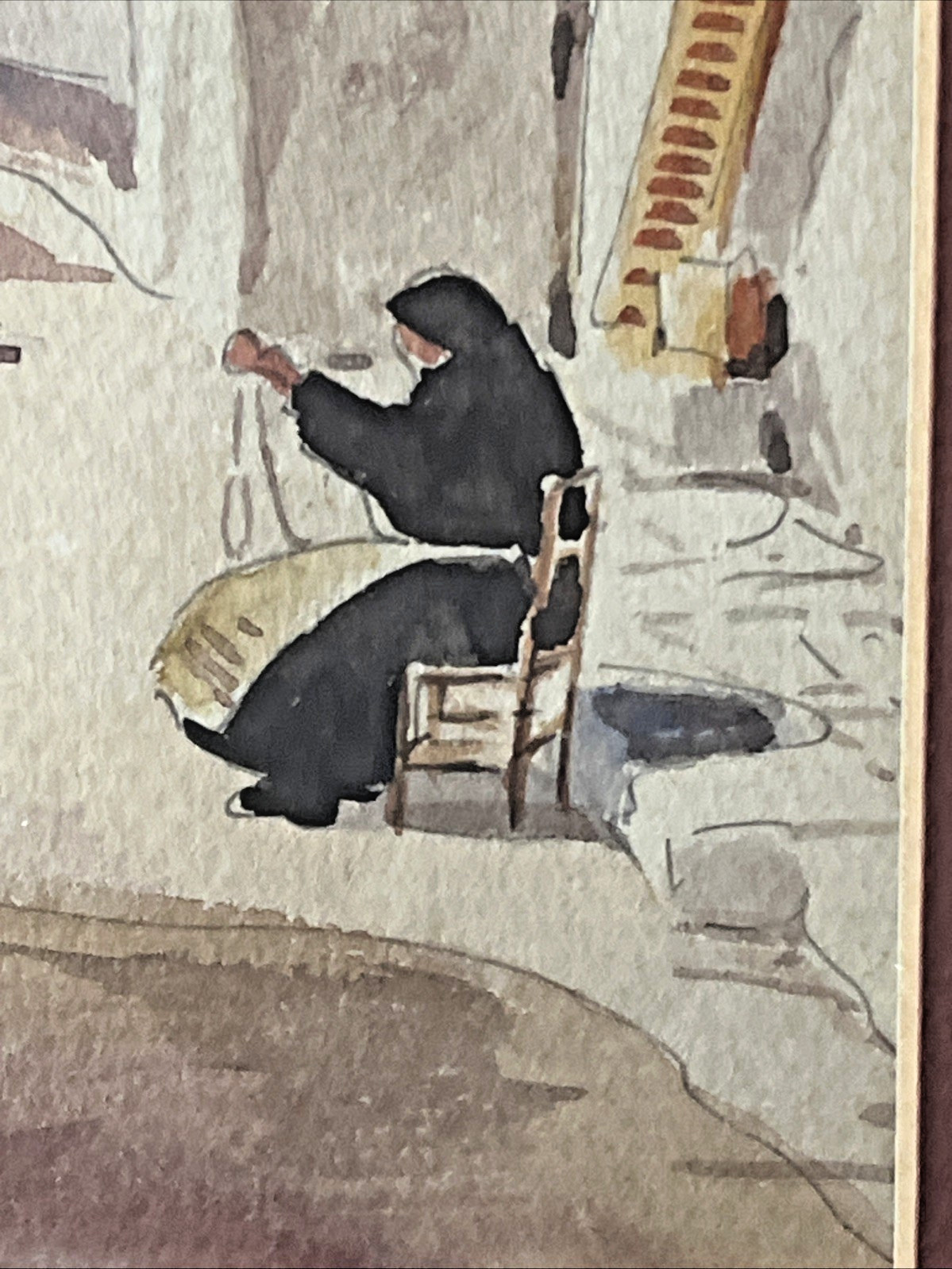 Possibly a Mediterranean Village Seated Woman with Apron 5 7/8″ x 9 1/8″