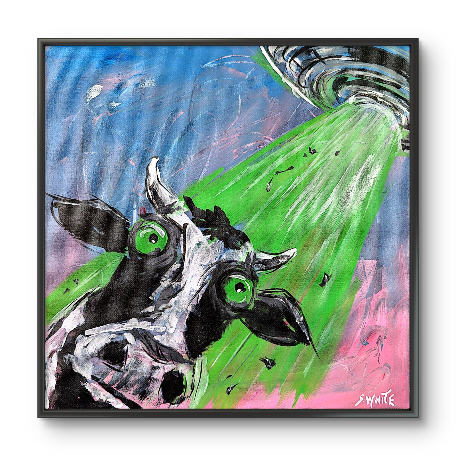 Cow UFO Abduction Original Painting Canvas Alien Pop Art Gestural Expressionism