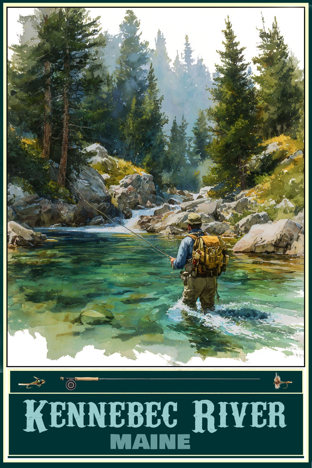 Kennebec River Maine Fly Fishing Travel Poster for Prints Framed or Canvas