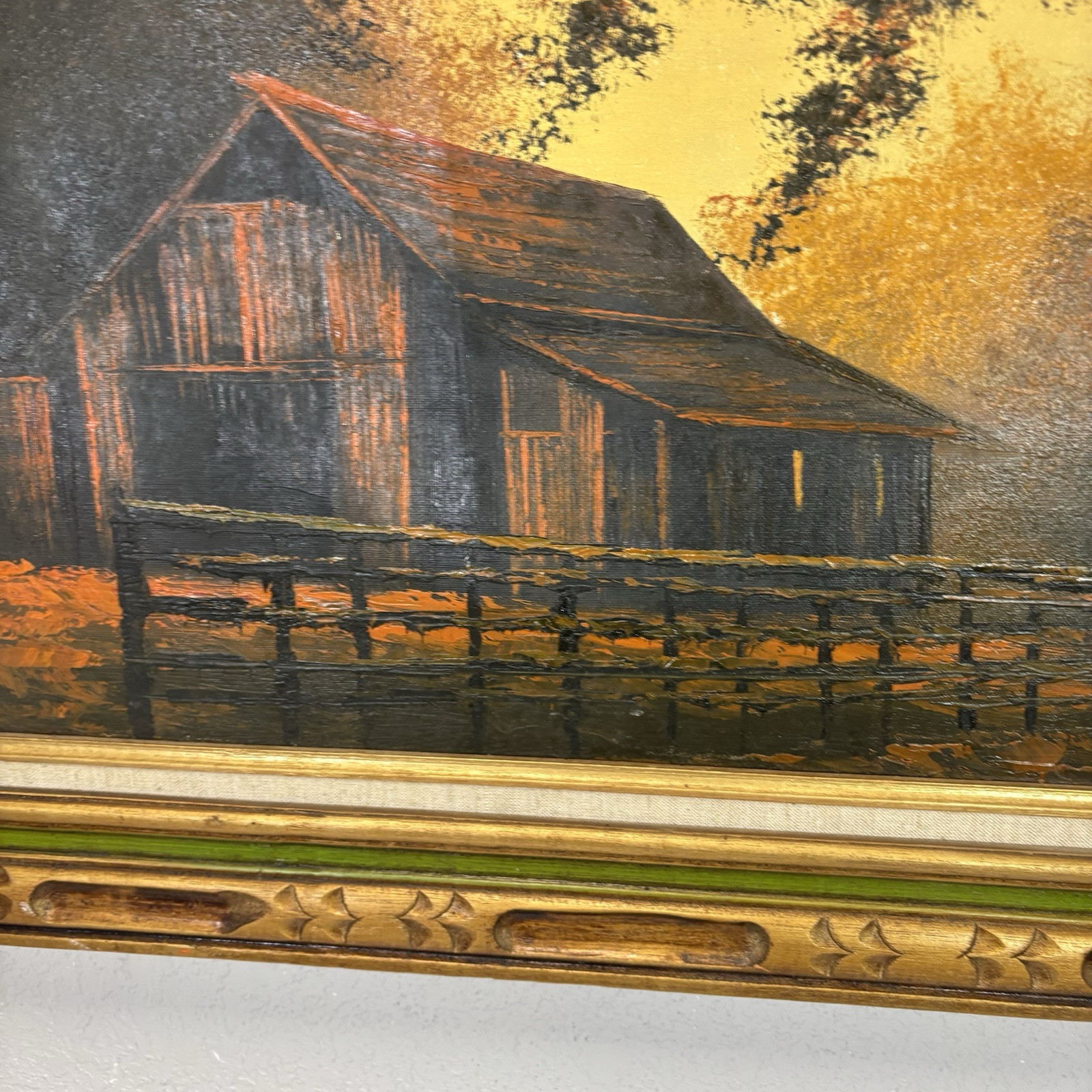 Vtg 70s Moody Forest Barn Original Painting Orange Brown Green Framed Fits 24×18